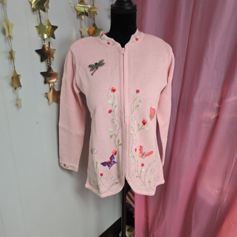 NEW STORYBOOK KNITS PINK BUTTERFLY FLORAL ZIP UP CARDIGAN SZ SNEW STORYBOOK KNIT